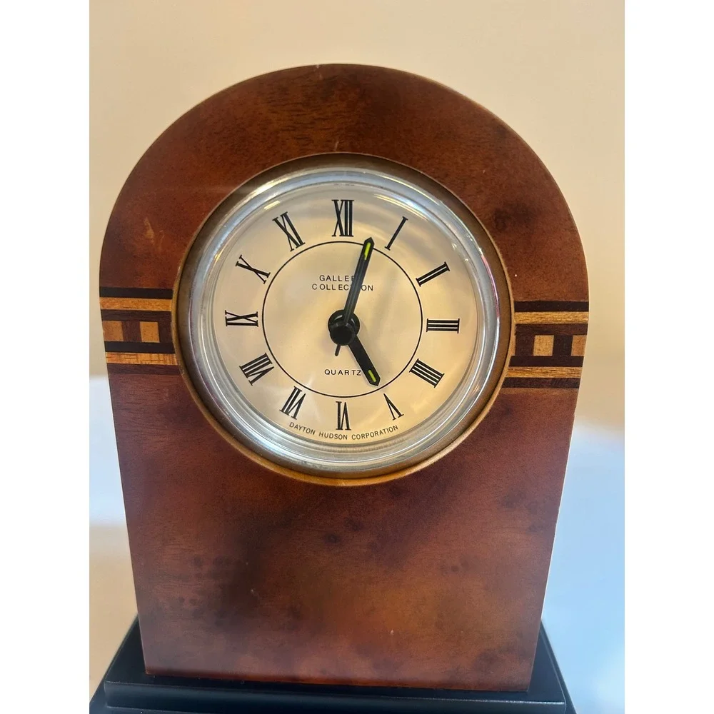 Gallery Collection Dayton Hudson Burl Wood Quartz Desk Clock Roman Numeral Inlay